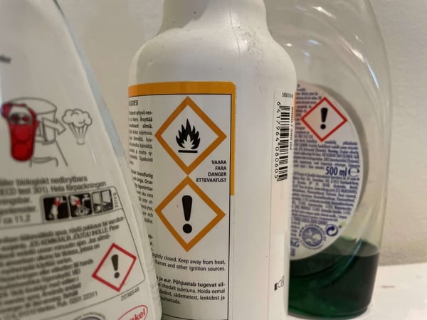 Hazard symbols to warn about product chemicals, helping to reduce acute exposure to hazardous chemicals