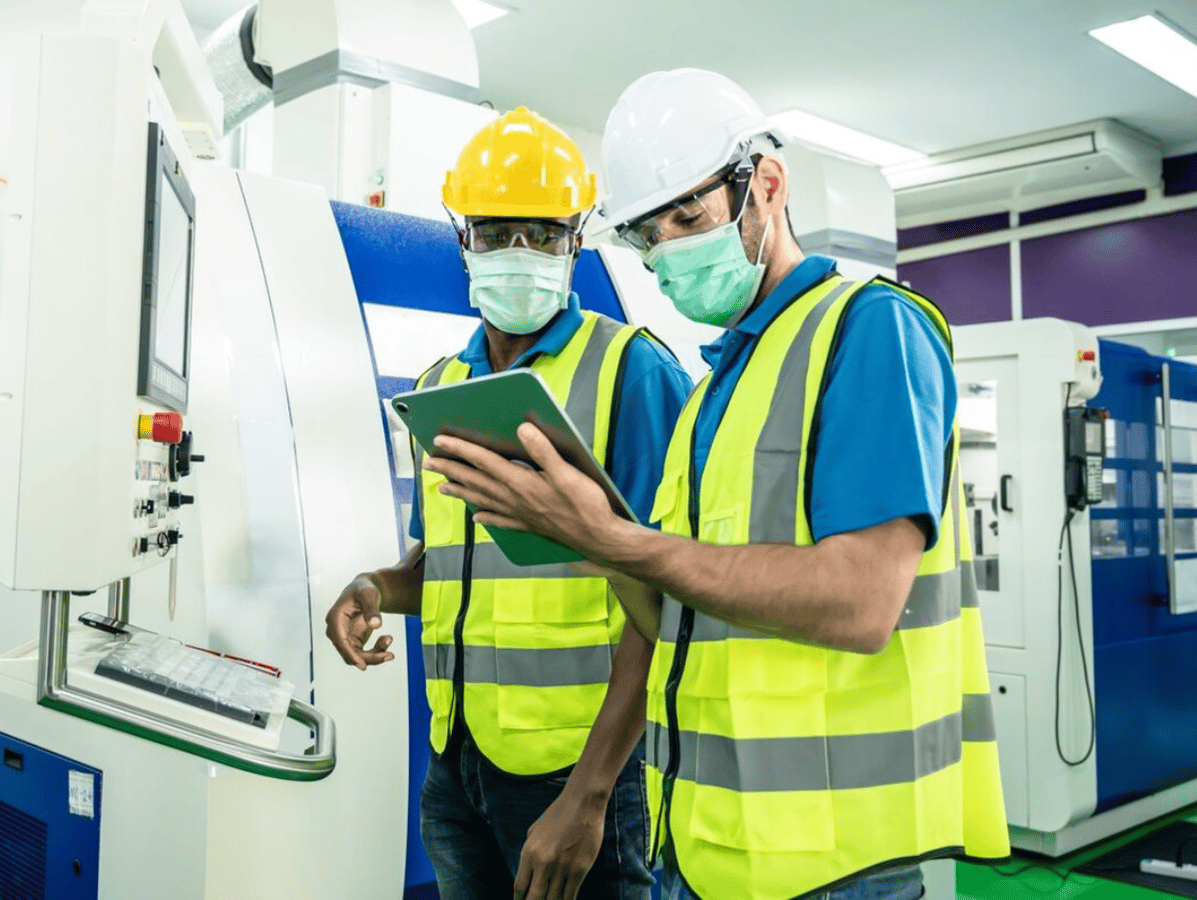 two employees in high viz and face masks looking at an ipad