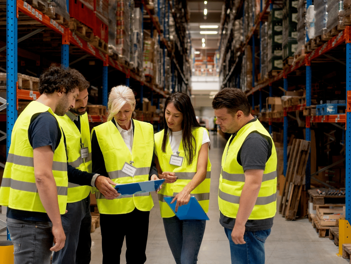 a group of employees in a warehouse, looking at a document
