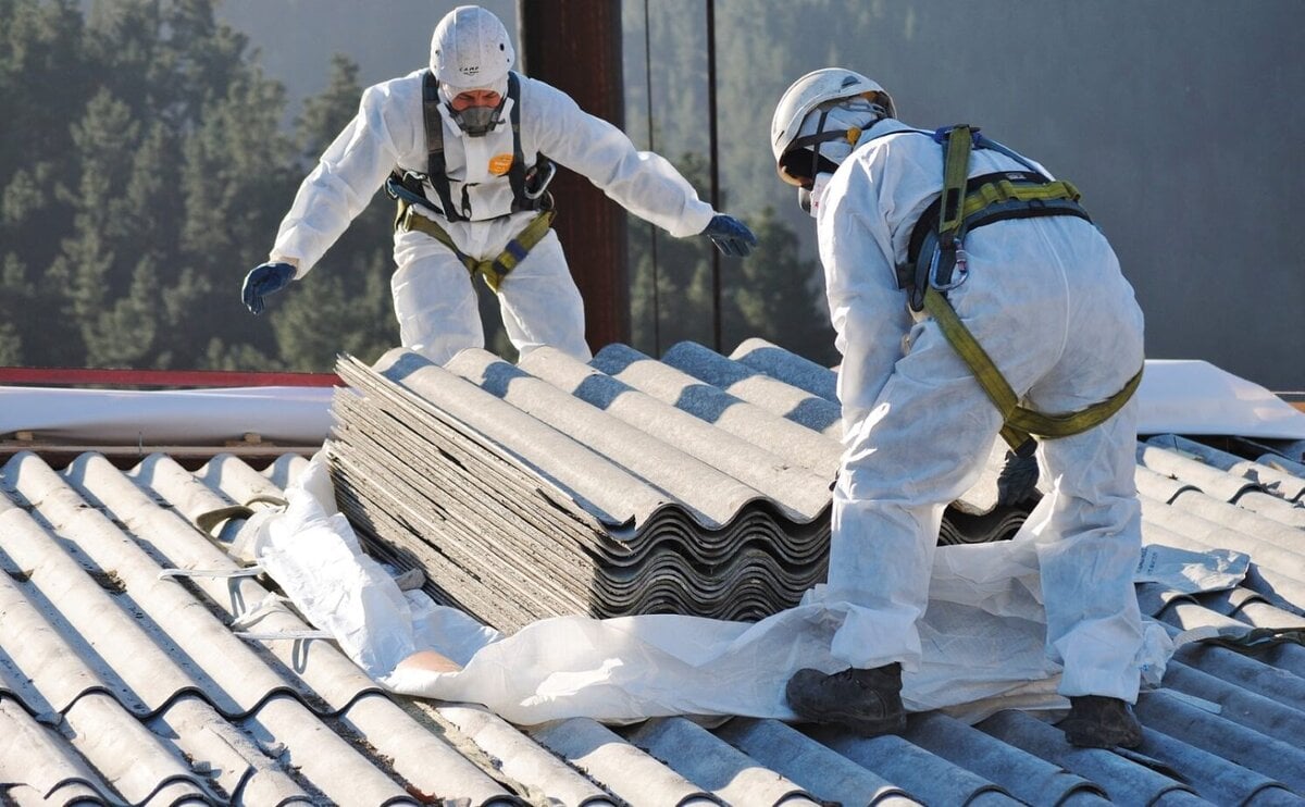 Two workers wearing hazmat suits on a roof