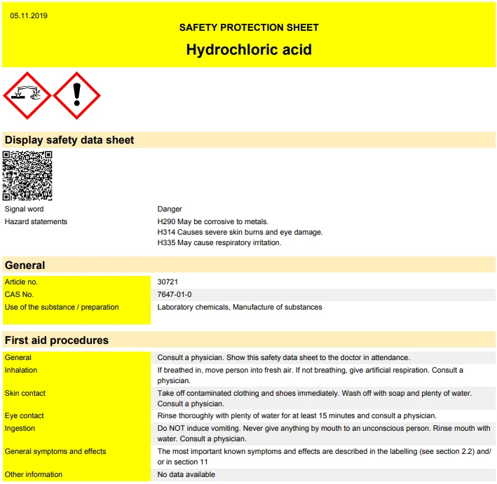 Partial safety protection sheet for hydrochloric acid