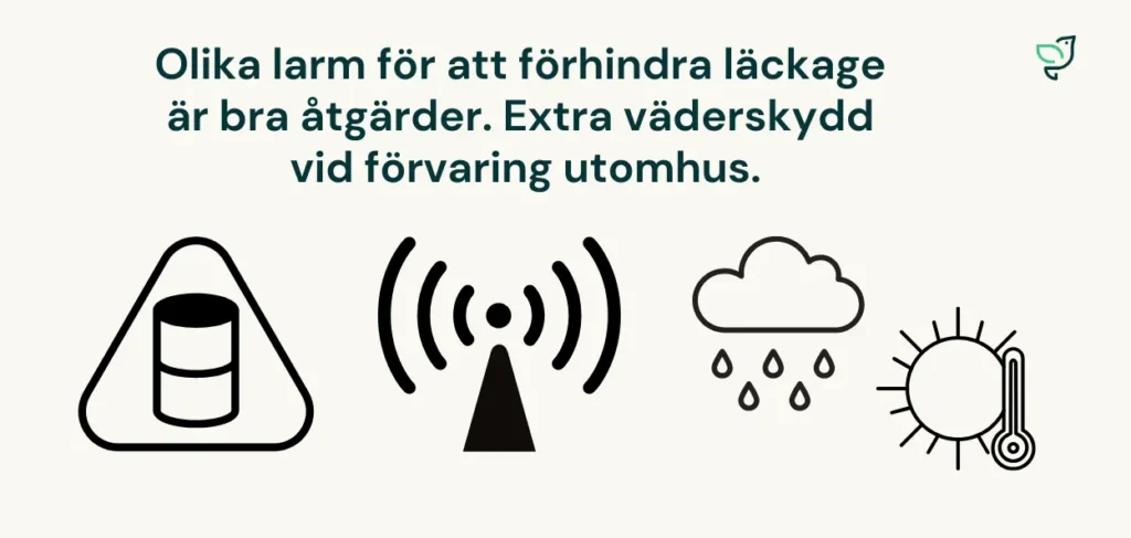 Spillskydd och invallning är bra åtgärder. Även larm och extra väderskydd
