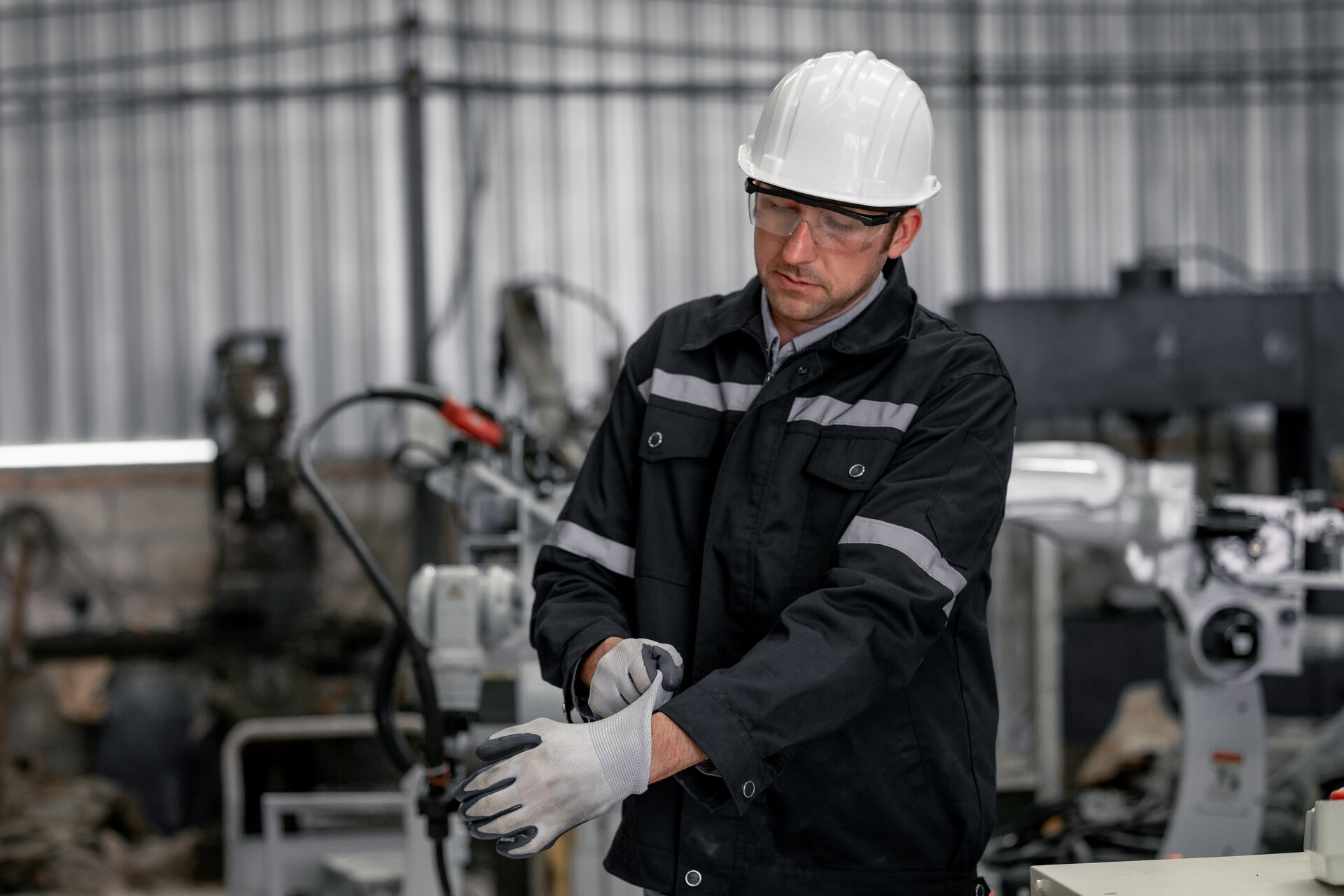 Man putting on safety gloves