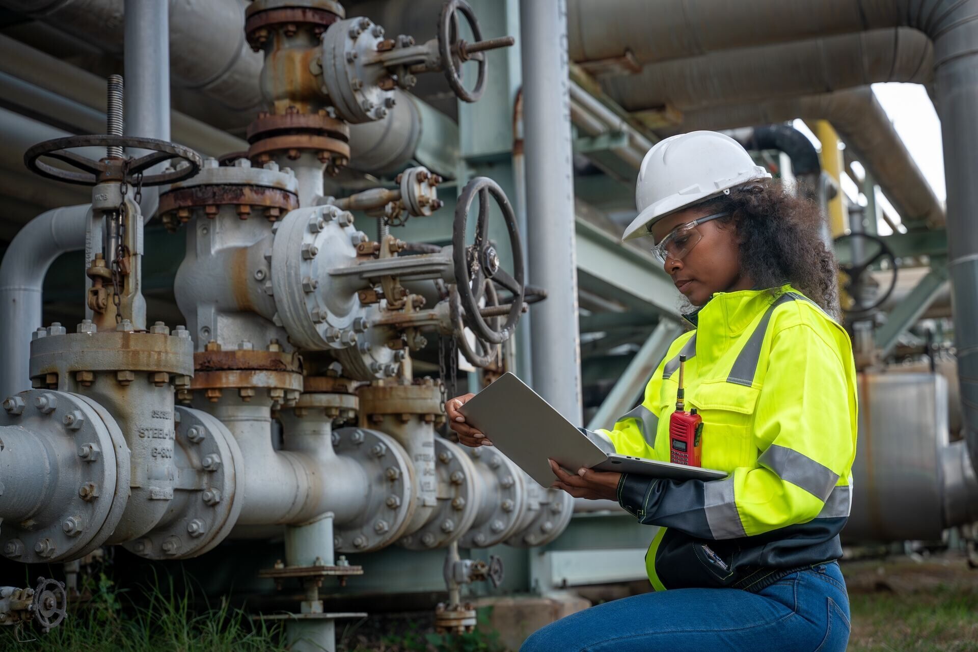 Woman Checking Industrial Pipes
