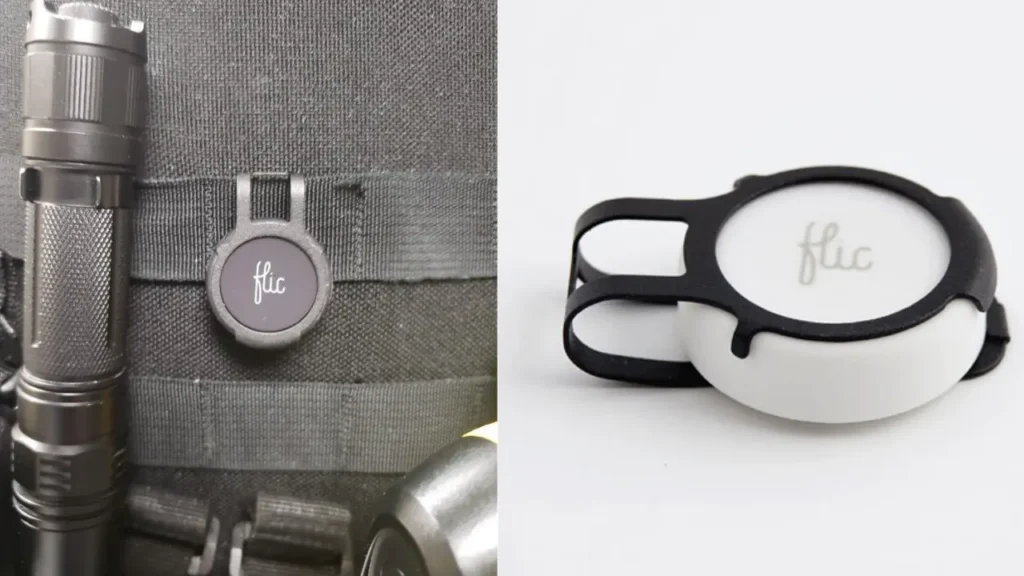 Collage som visar en svart Flic-knapp fäst vid en taktisk väst bredvid en ficklampa, samt en närbild på en vit Flic-knapp i en hållare.