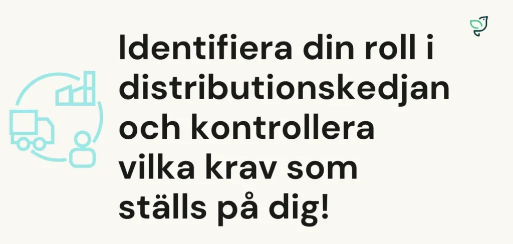 Infografik som uppmanar läsaren att identifiera sin roll i distributionskedjan för kemikaliehantering och kontrollera lagkrav enligt REACH och CLP.