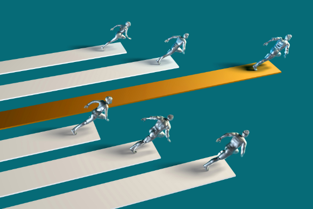 A graphic of people running a race with one in the lead